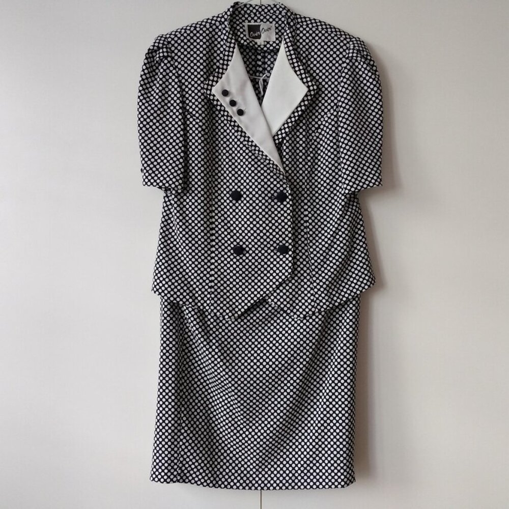Vintage Top & Skirt Set Polka Dot Size 9 Blue White Two Piece Dress Suit